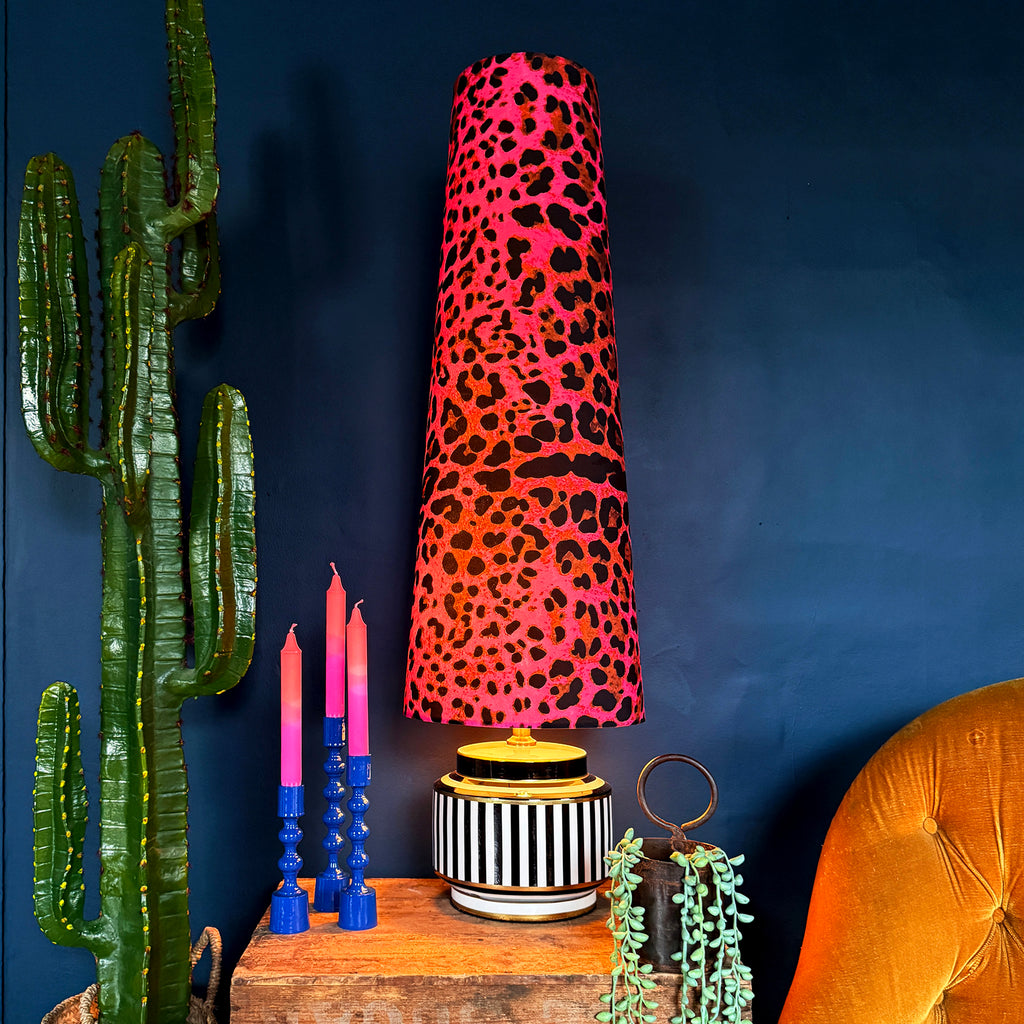 Neon Leopard Oversized Cone Shades - King from Love Frankie. Handmade Pink Leopard Print lampshades available in 2 sizes. - Light on