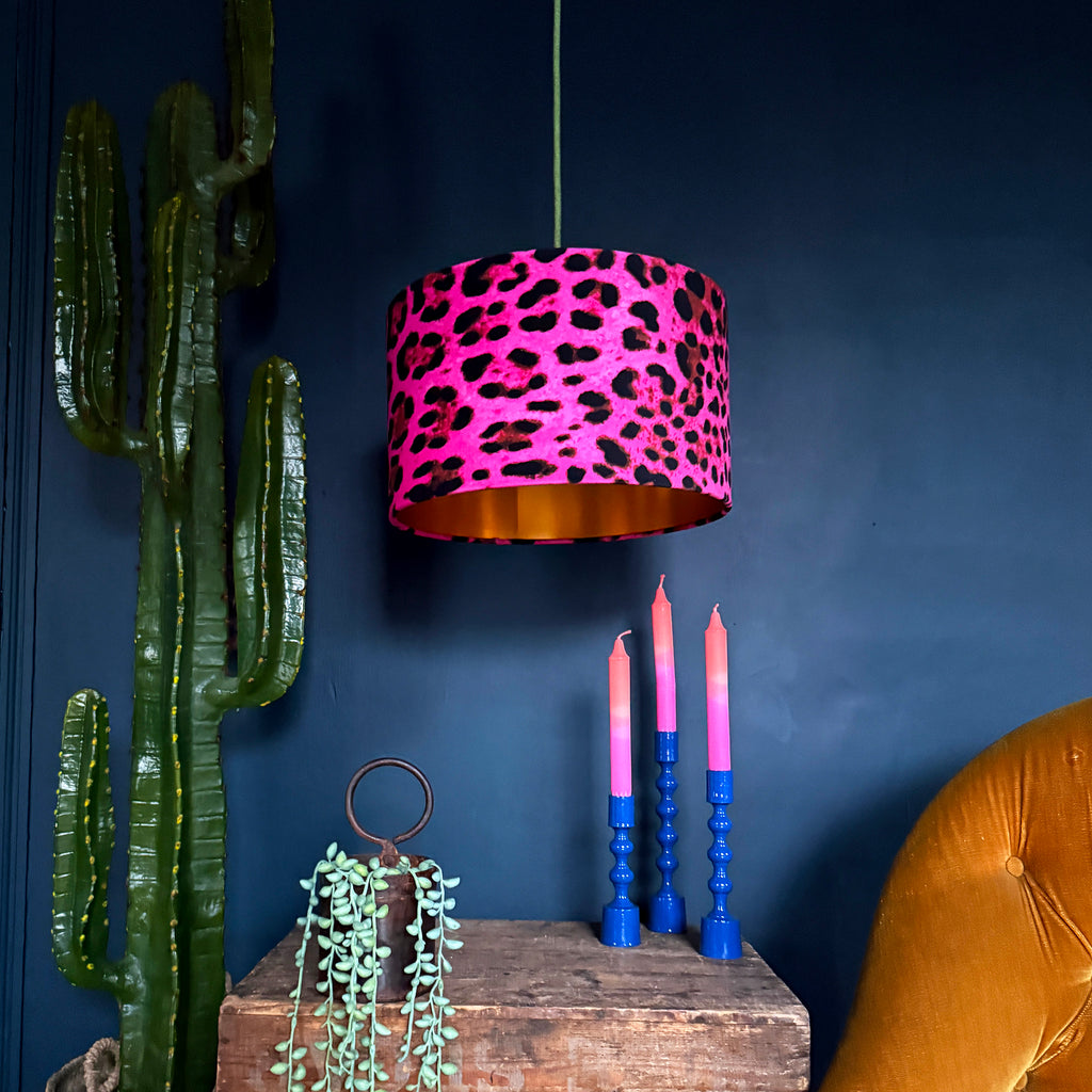 Neon Leopard Print Pink Velvet Lampshade with Gold Lining from Love Frankie.