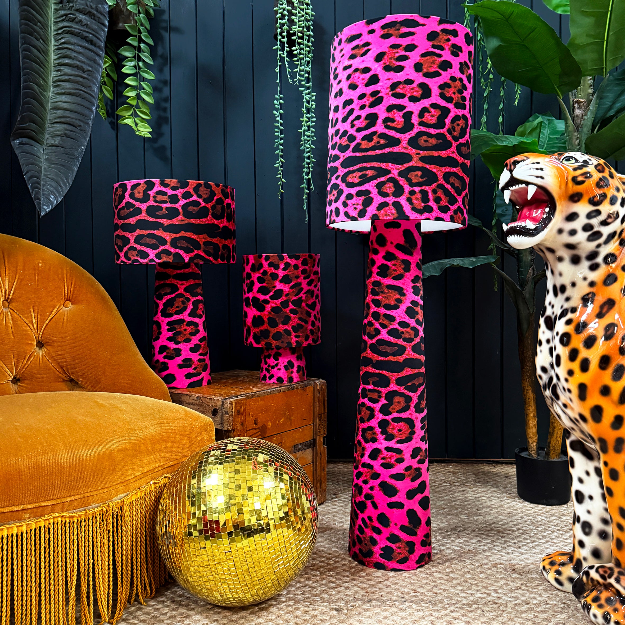Handmade Velvet Portable Lamps in Pink Neon Leopard