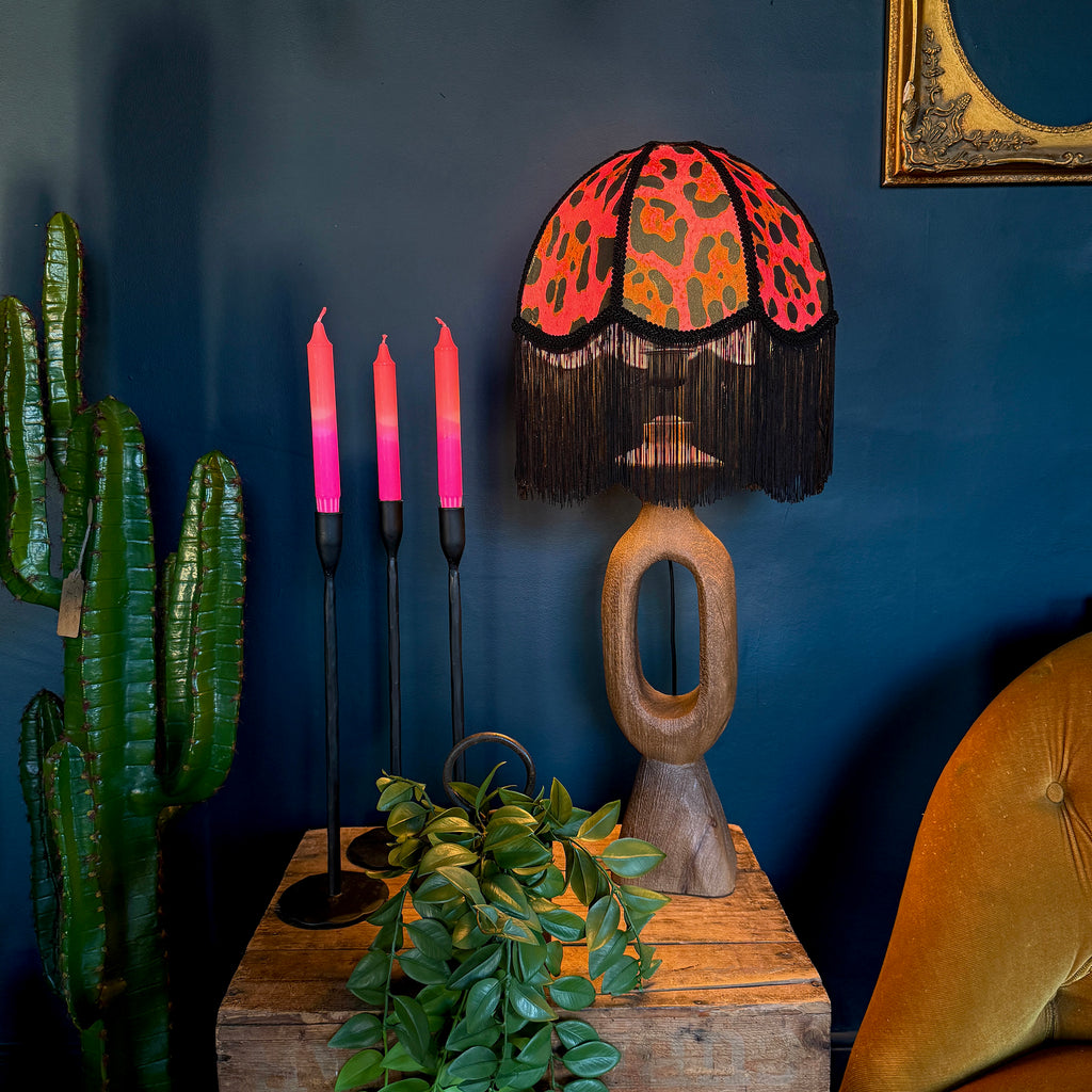 Betty – Vintage Fringed Dome Lampshade in Neon Leopard Velvet | Handmade Soft Shade | Retro Tasselled Lighting | Ceiling or Table Lamp | Light on