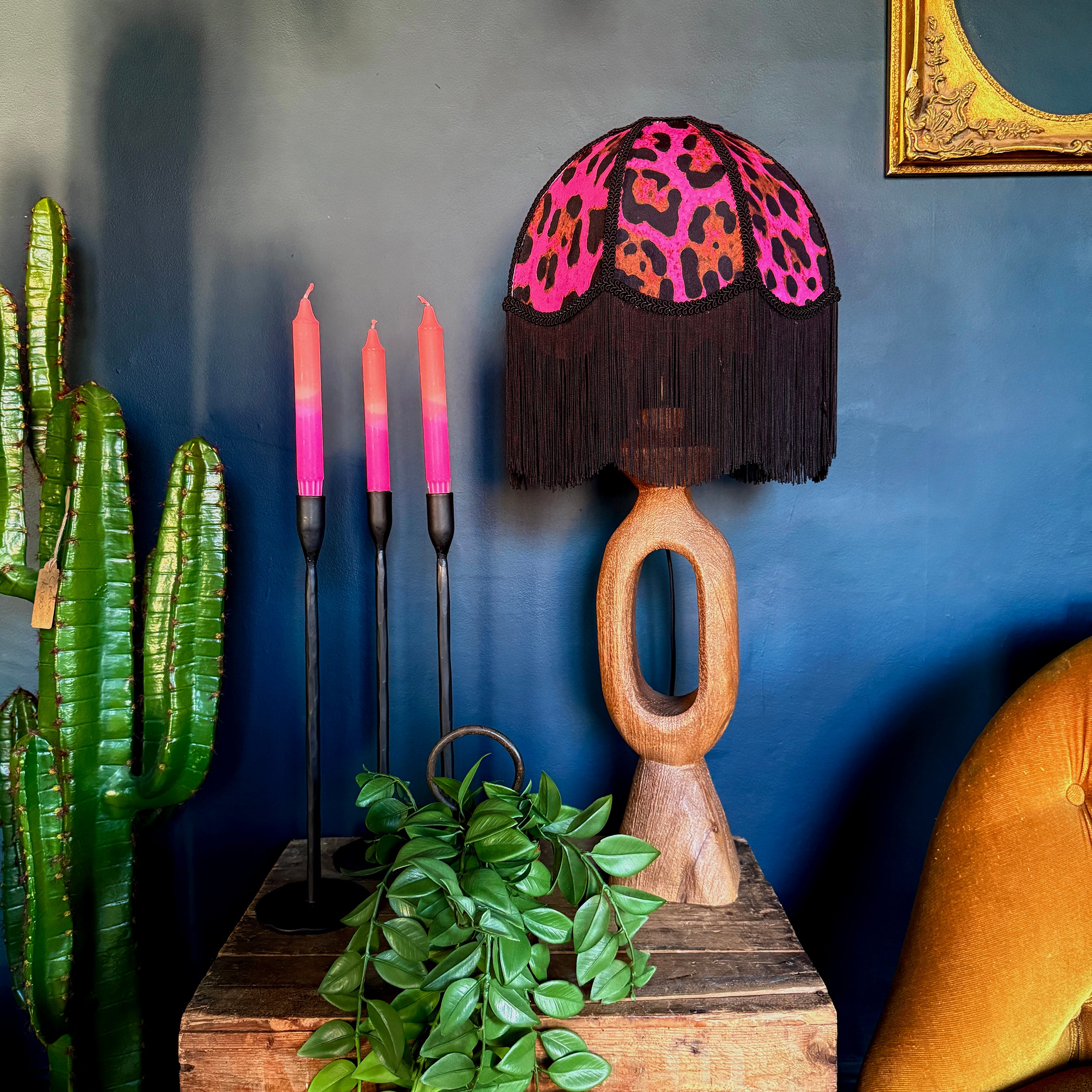 Betty – Vintage Fringed Dome Lampshade in Neon Leopard Velvet | Handmade Soft Shade | Retro Tasselled Lighting | Ceiling or Table Lamp