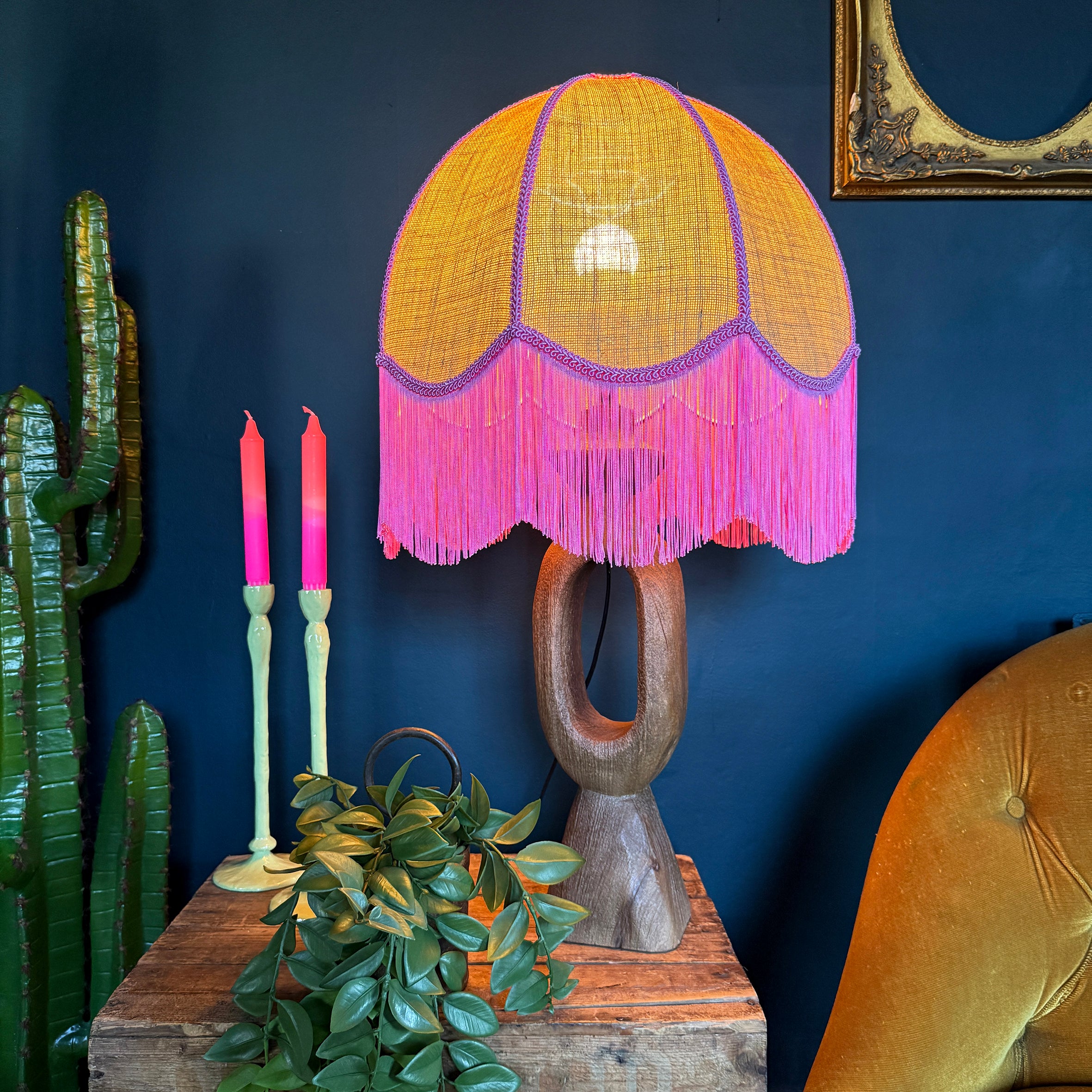 Birdie – Hessian & Pink Fringed Lampshade | Handmade Lighting UK | Light On
