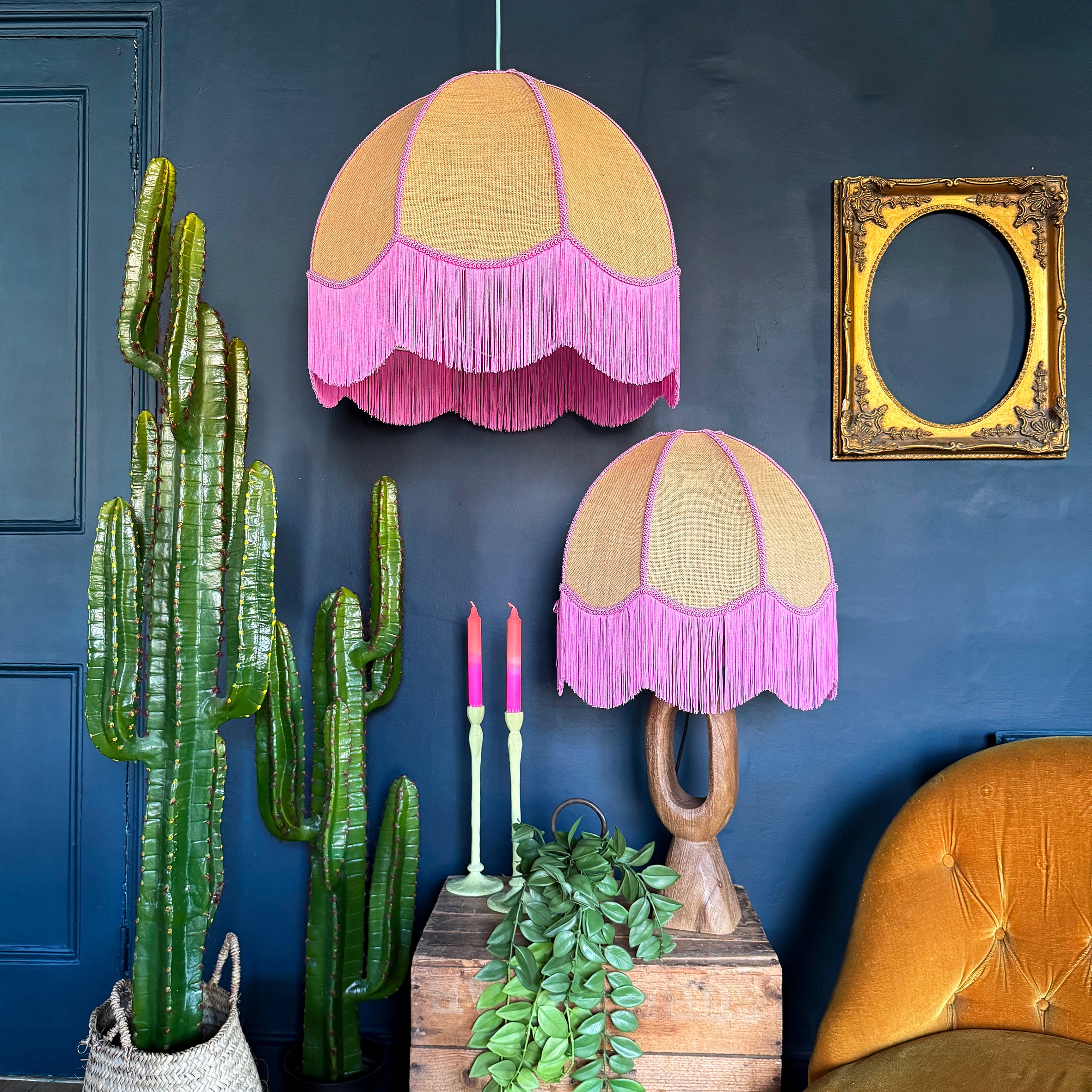 Birdie – Fringed Dome Hessian Lampshade with Pink Trim - 10