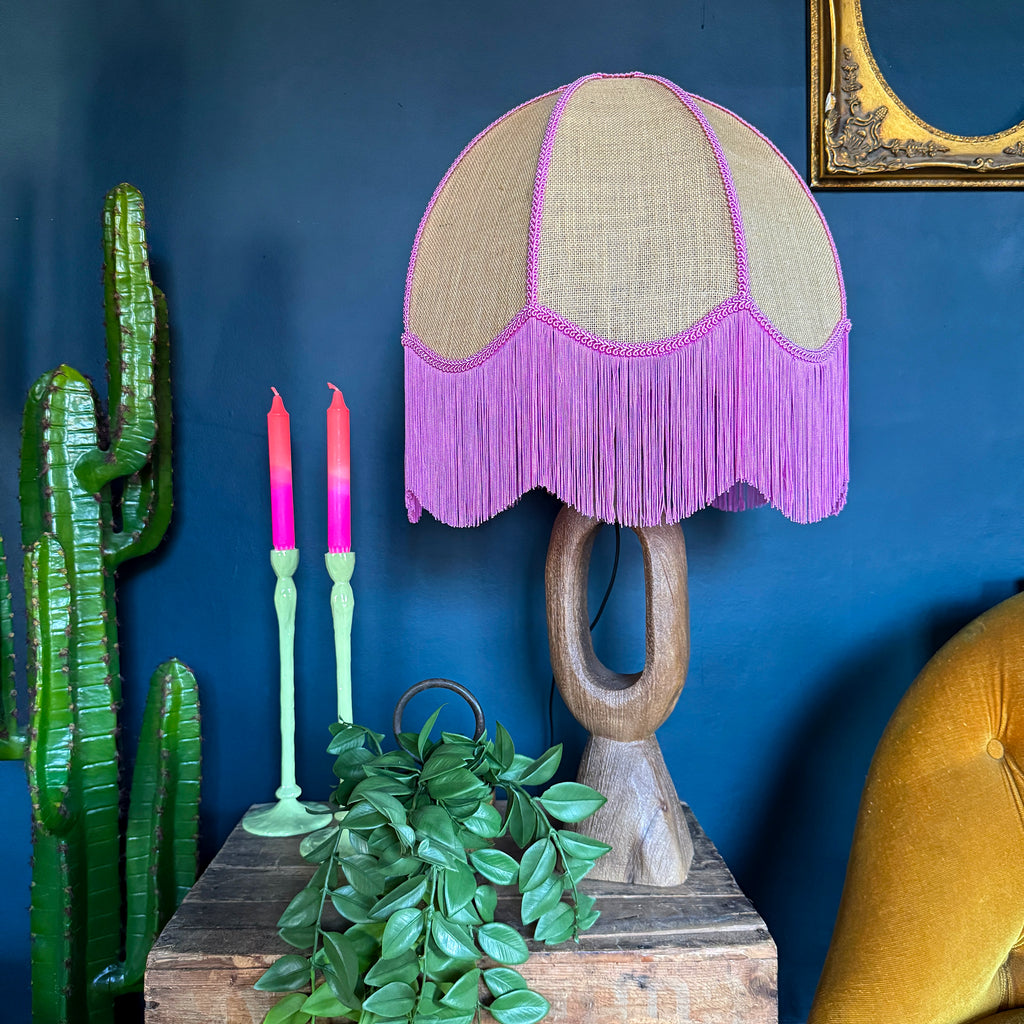 Birdie – Hessian & Pink Fringed Lampshade | Handmade Lighting UK