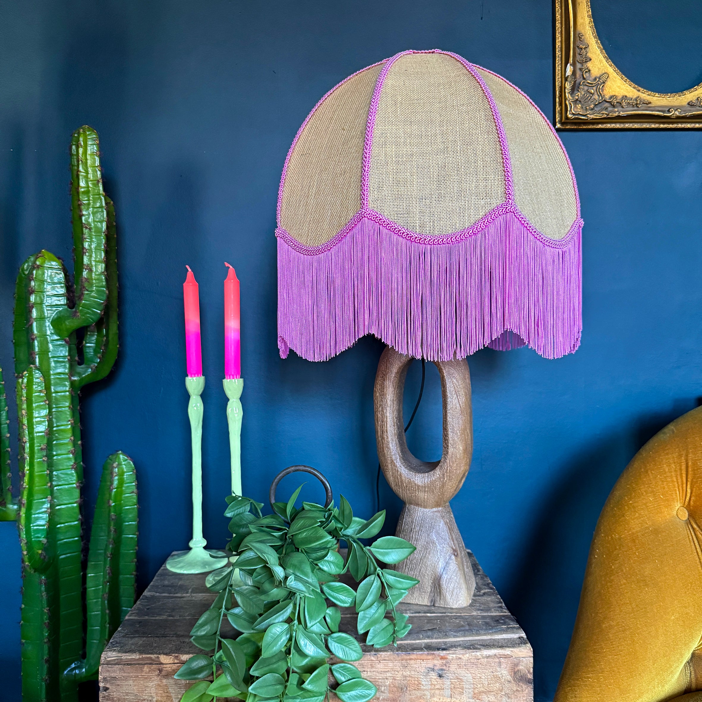 Birdie – Hessian & Pink Fringed Lampshade | Handmade Lighting UK