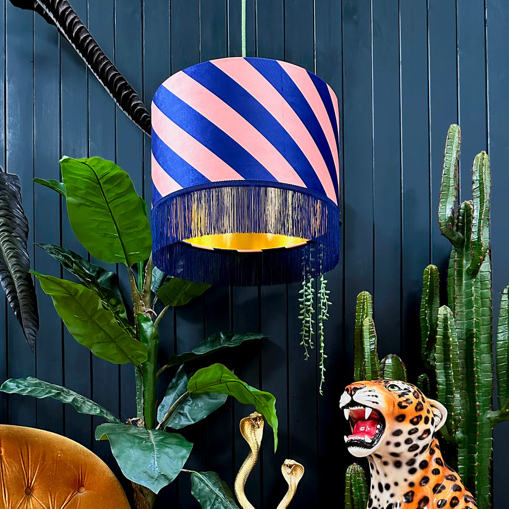 Peach Fuzz Helter Skelter Velvet Lampshades With Gold Foil Lining and Fringing