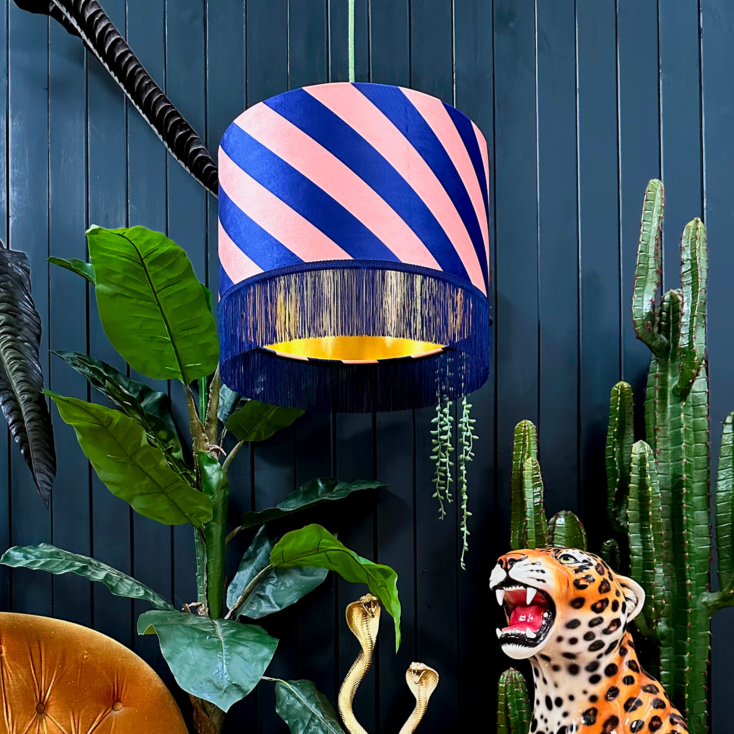 Peach Fuzz Helter Skelter Velvet Lampshades With Gold Foil Lining and Fringing