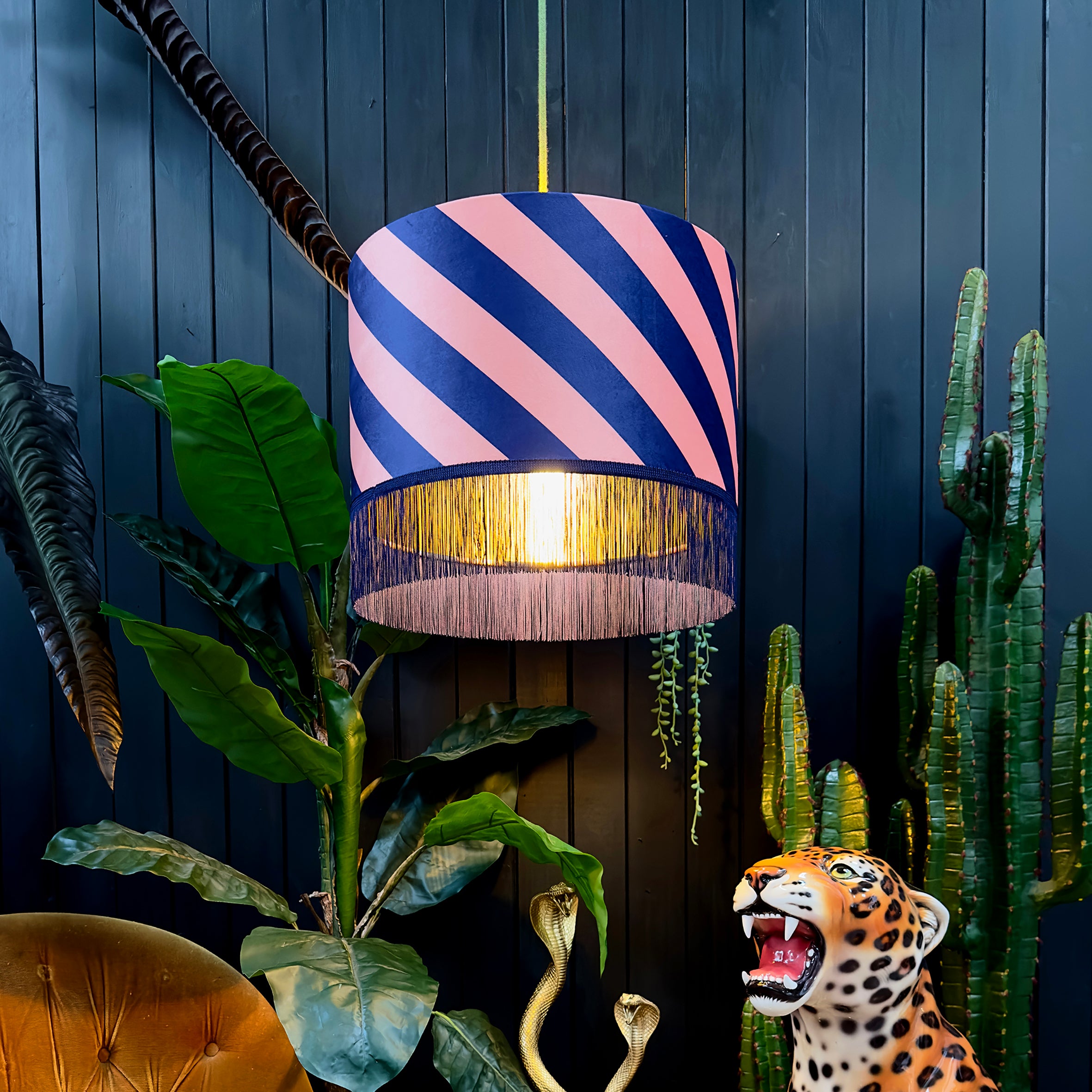 love frankie Helter Skelter lampshade in peach fuzz with gold lining and fringing