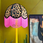 Pixie - Vintage Fringed Dome Lampshade in Leopardess with Pink Fringe