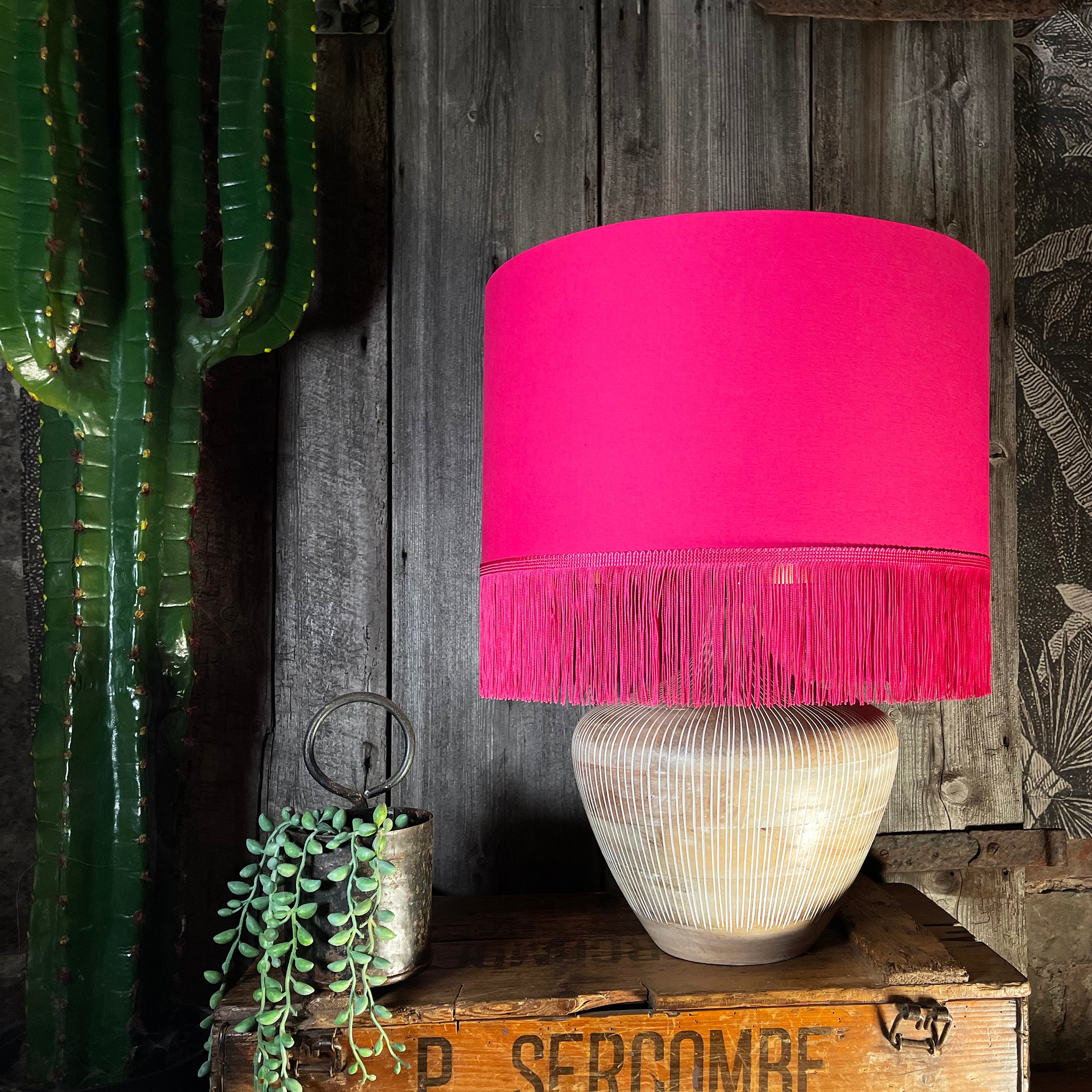 Love Frankie pomegranate cotton lampshade gold lining fringing lamp