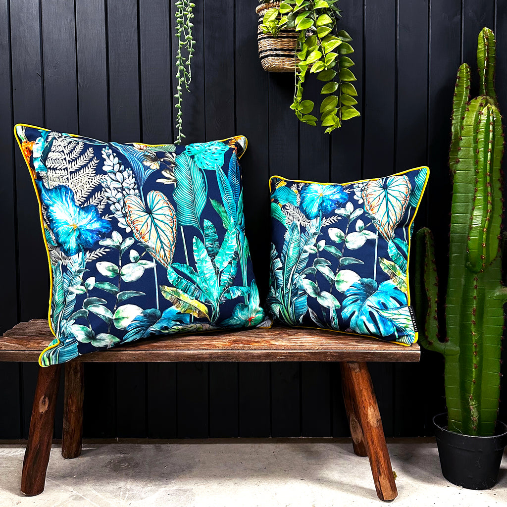 Love Frankie rainforest velvet cushion with yellow piping