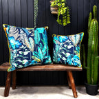 Love Frankie rainforest velvet cushion with yellow piping