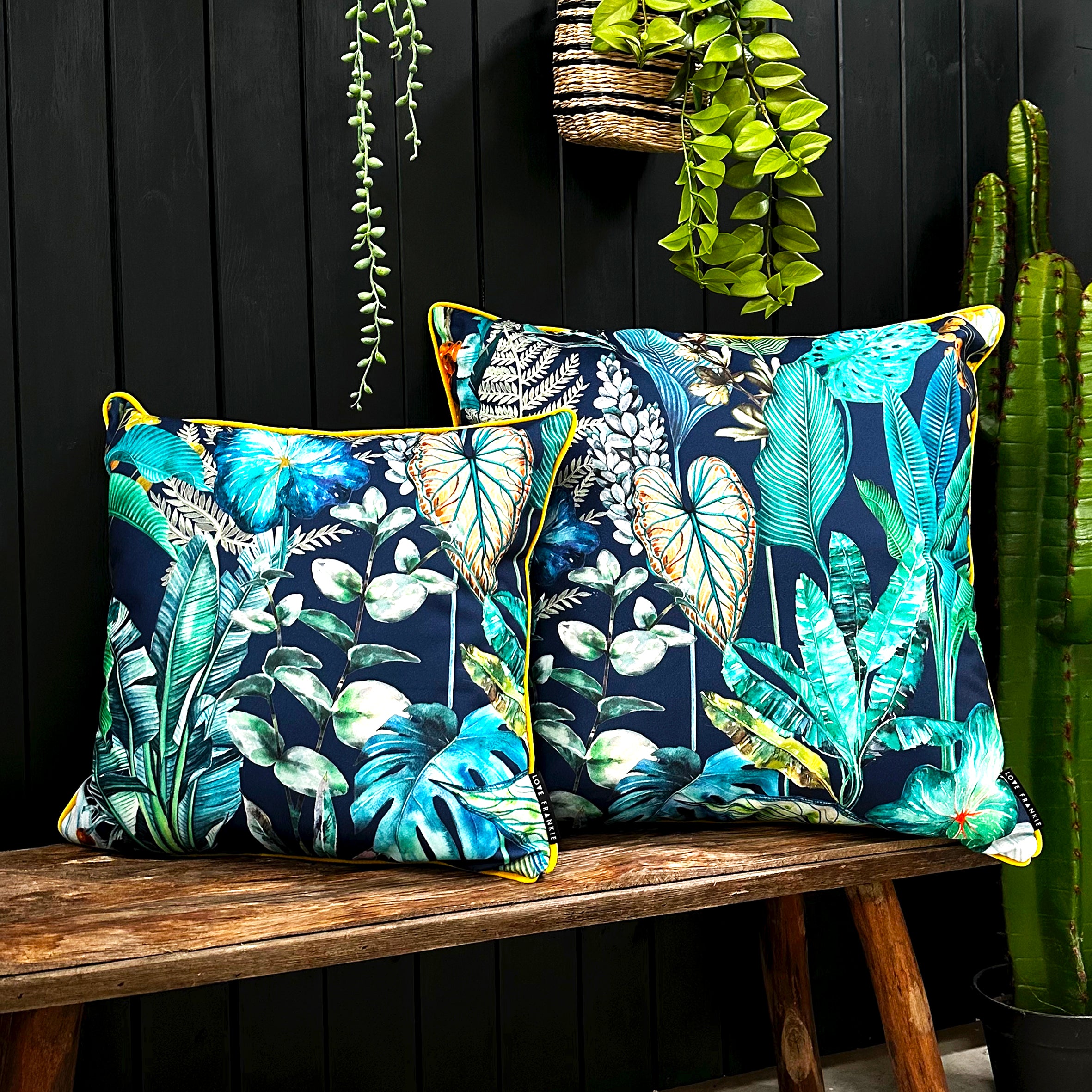 Love Frankie rainforest velvet cushion with yellow piping
