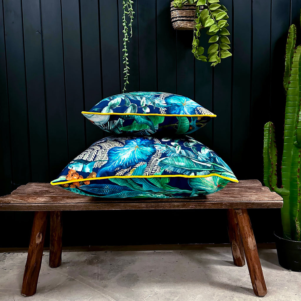 Love Frankie rainforest velvet cushion with yellow piping