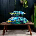Love Frankie rainforest velvet cushion with yellow piping