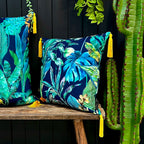 Love Frankie rainforest velvet cushion with yellow tassels