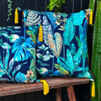 Love Frankie rainforest velvet cushion with yellow tassels