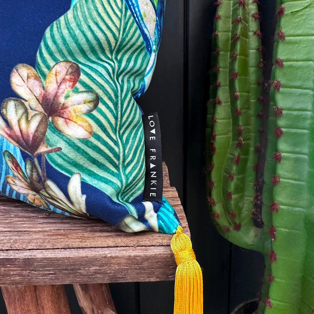Love Frankie rainforest velvet cushion with yellow tassels