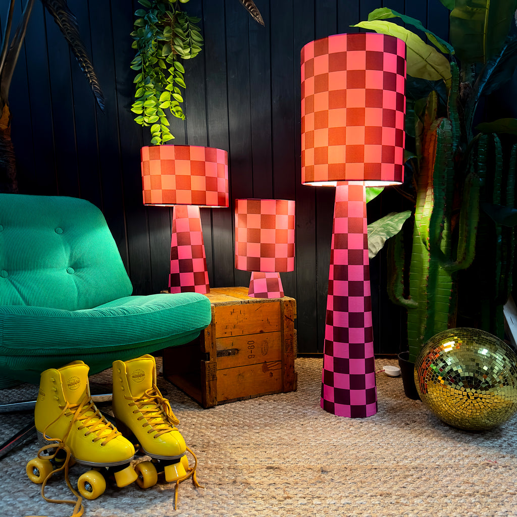 Handmade Checkerboard Velvet lamps in Raspberry Ripple. Red and Pink checkerboard lamps. 3 Sizes Available