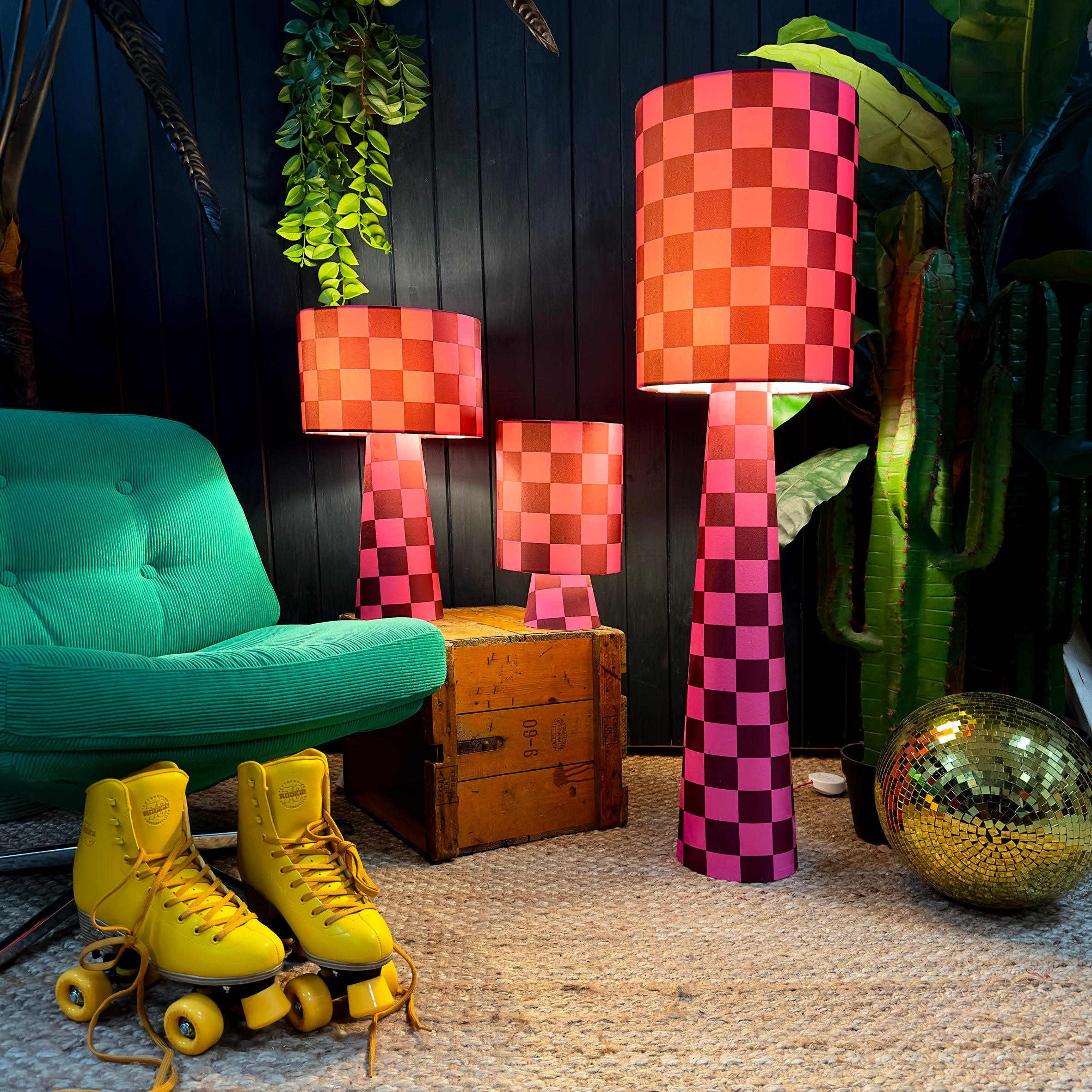 Handmade Checkerboard Velvet lamps in Raspberry Ripple. Red and Pink checkerboard lamps. 3 Sizes Available