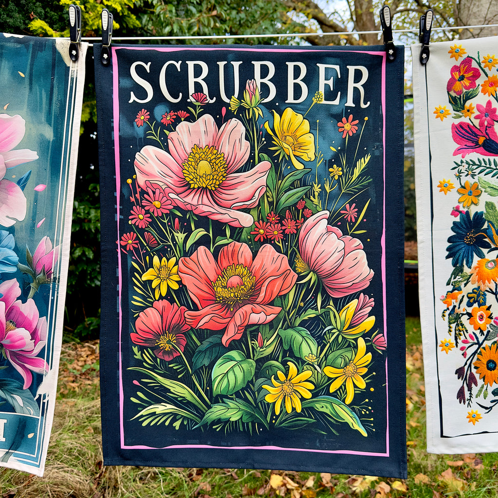 Love Frankie Cheeky Floral Tea Towels - "Scrubber" Designed by Love Frankie and Printed in the UK