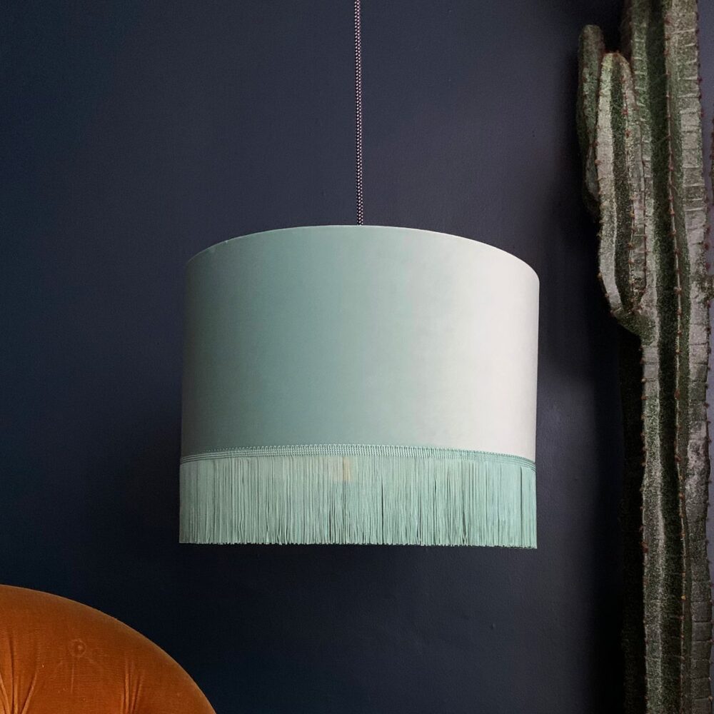 Sea Green Velvet Lampshade With Gold Lining And Fringing