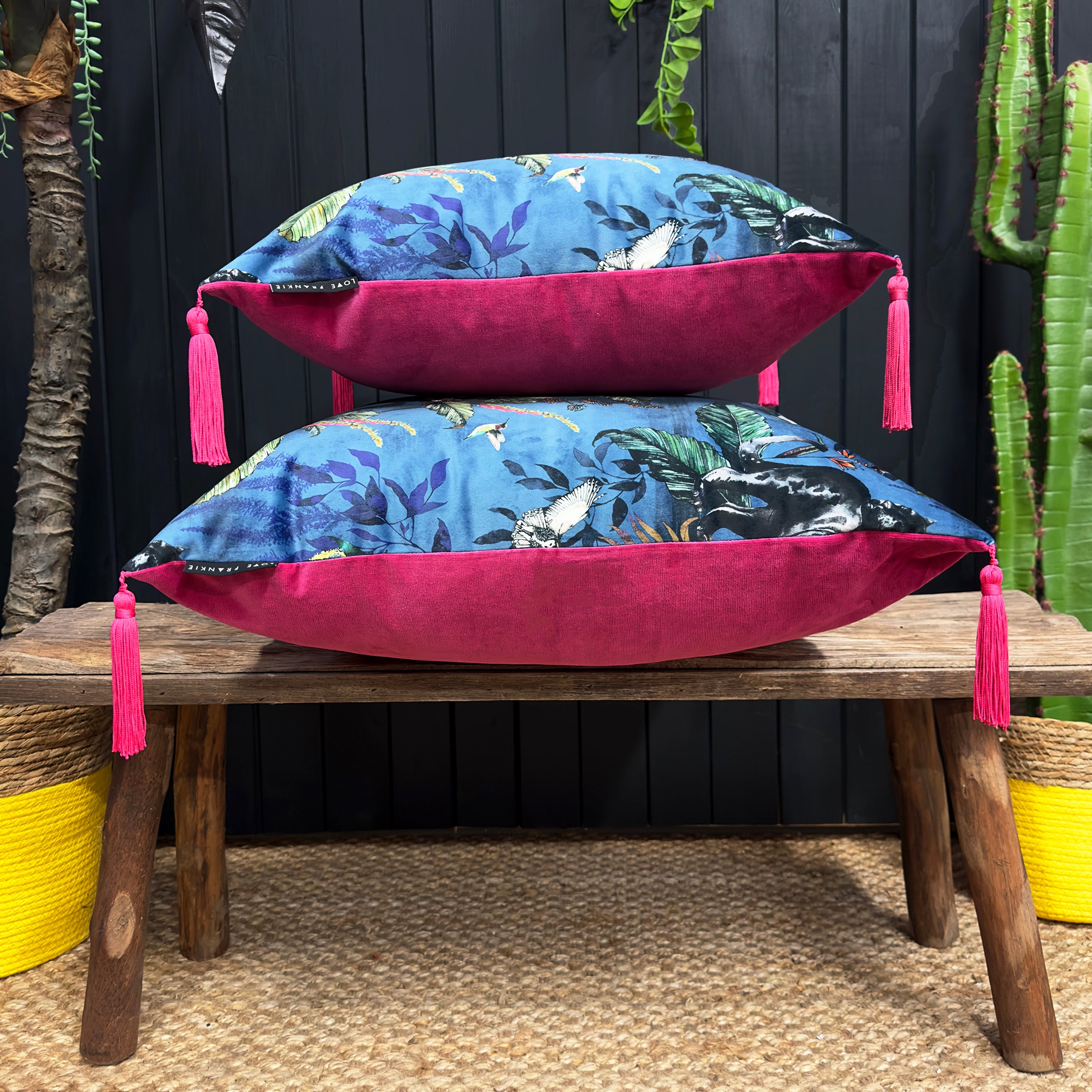 DEADLY NIGHT SHADE CUSHION IN SMOKE WITH RASPBERRY PIPING – MEDIUM