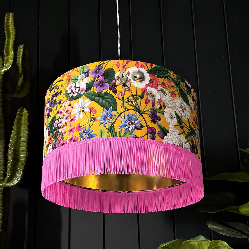 Ochre Summer Meadow Velvet Lampshade with Gold Lining and Fringing