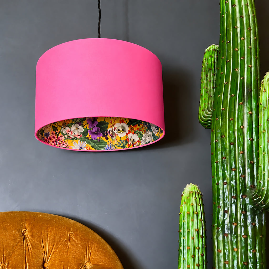 Ochre Summer Meadow Silhouette Lampshade in Bubblegum Pink Cotton