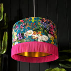 Teal Summer Meadow Velvet Lampshade with Gold Lining and Fringing