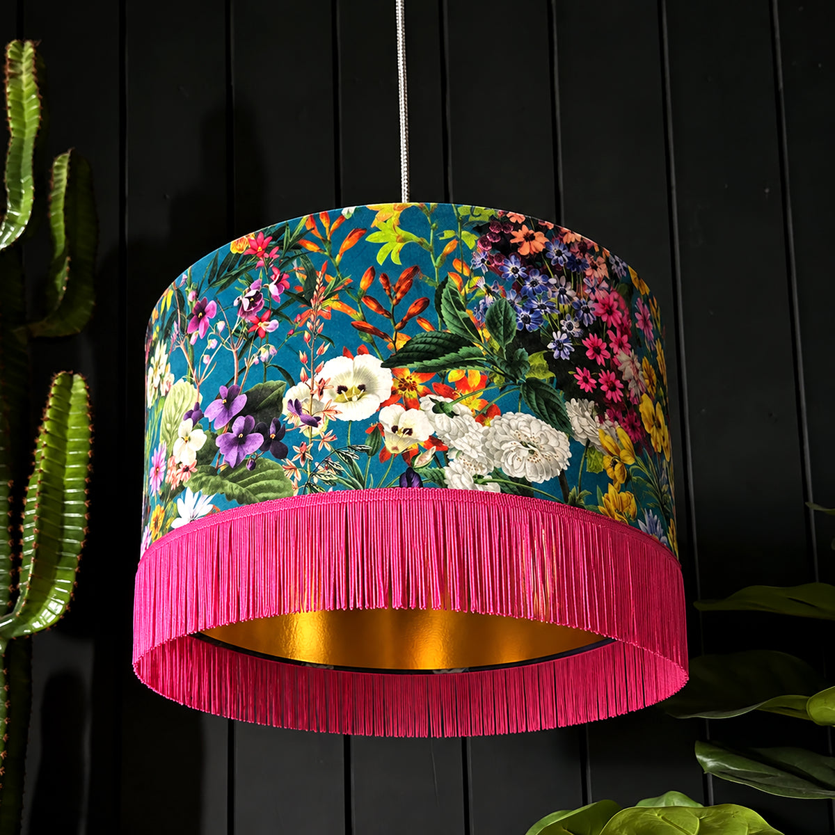 Teal Summer Meadow Velvet Lampshade with Gold Lining and Fringing