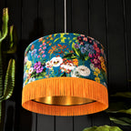 Teal Summer Meadow Velvet Lampshade with Gold Lining and Fringing
