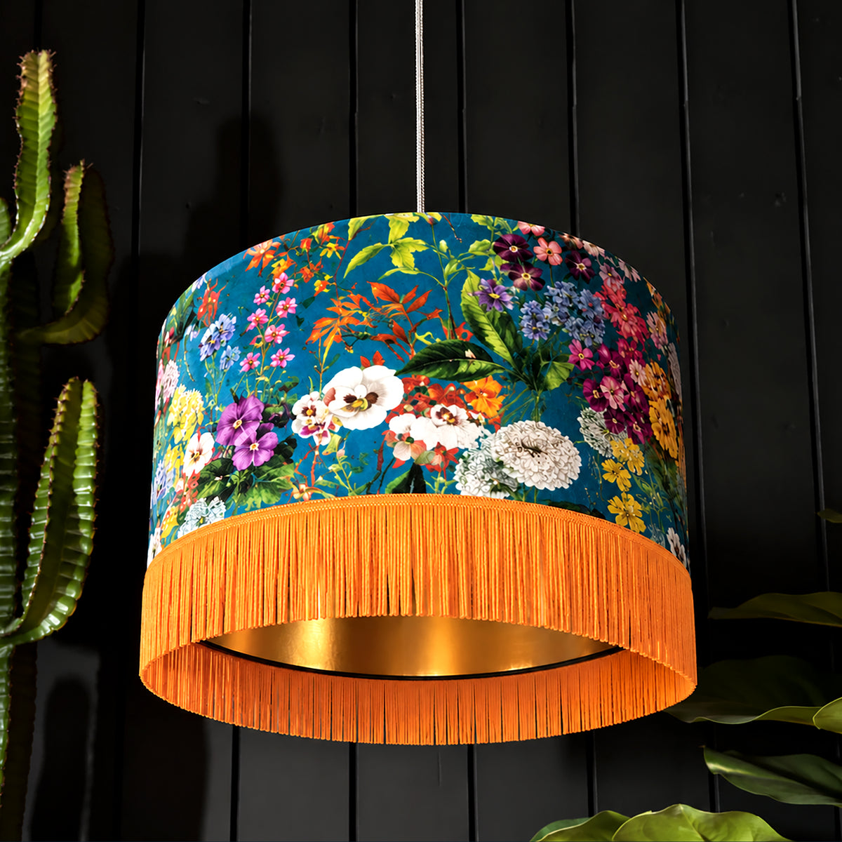 Teal Summer Meadow Velvet Lampshade with Gold Lining and Fringing