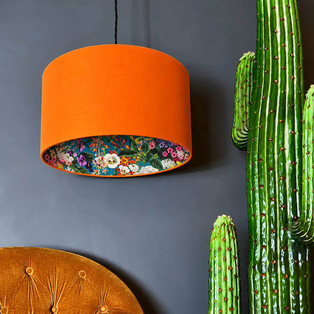 Teal Summer Meadow Silhouette Lampshade in Pumpkin Orange Cotton