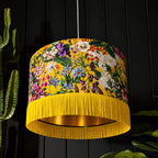 Ochre Summer Meadow Velvet Lampshade with Gold Lining and Fringing