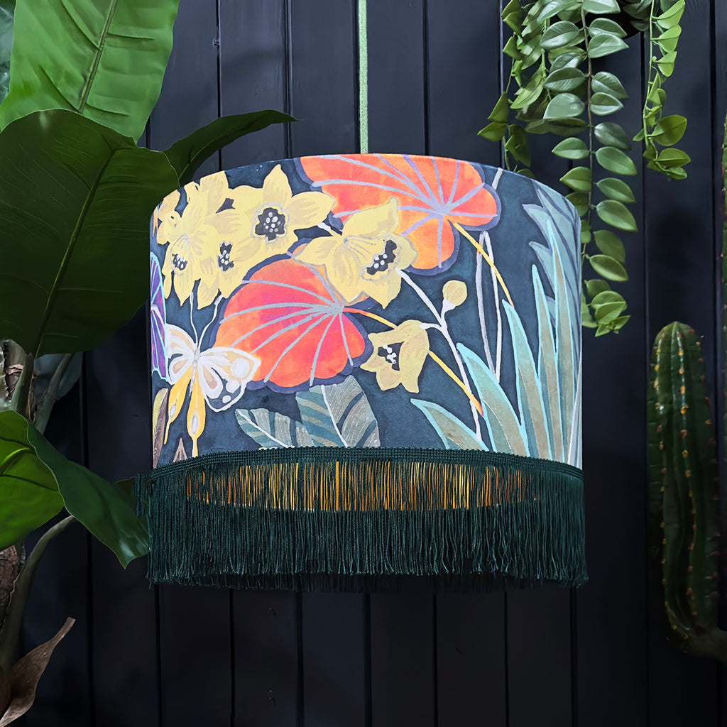 love frankie swallow tail velvet lampshade with gold lining and hunter fringing