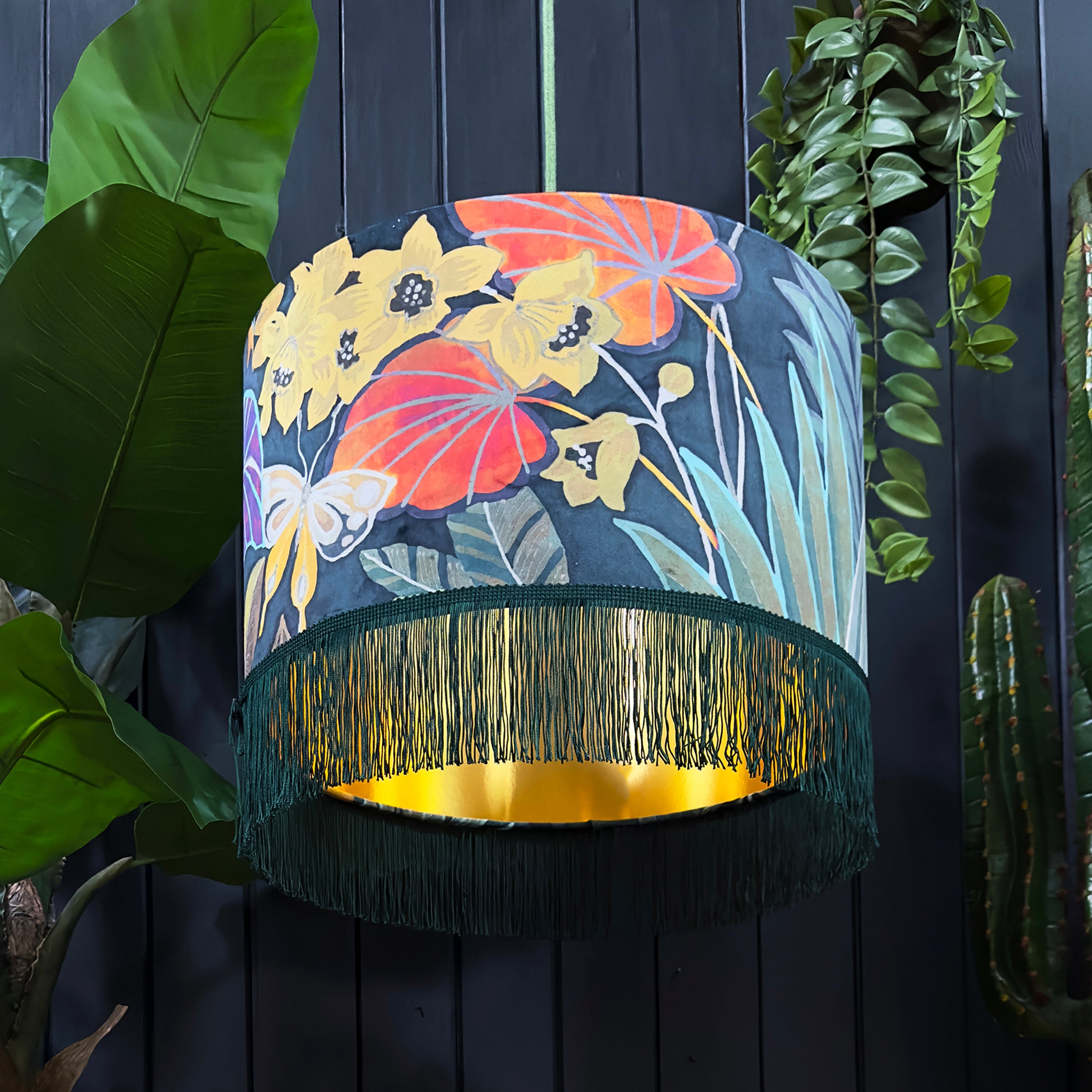 love frankie swallow tail velvet lampshade with gold lining and hunter fringing