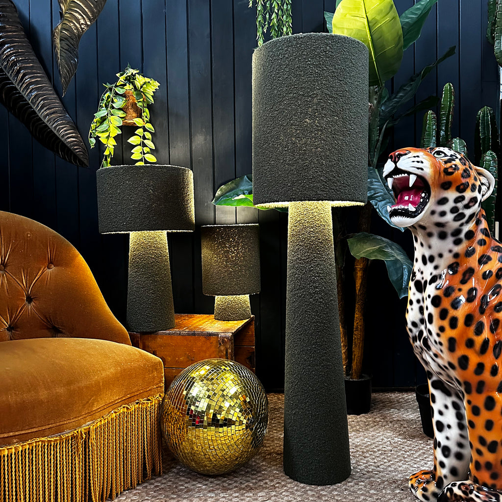 Love Frankie Statement Thyme Green Boucle Portable Lamps. 3 sizes available with flex cable or rechargeable bulbs. Light On