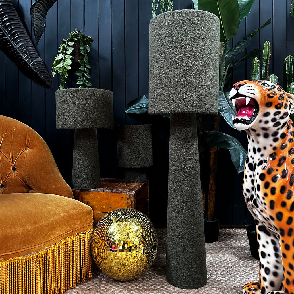 Love Frankie Statement Thyme Green Boucle Portable Lamps. 3 sizes available with flex cable or rechargeable bulbs. Light off