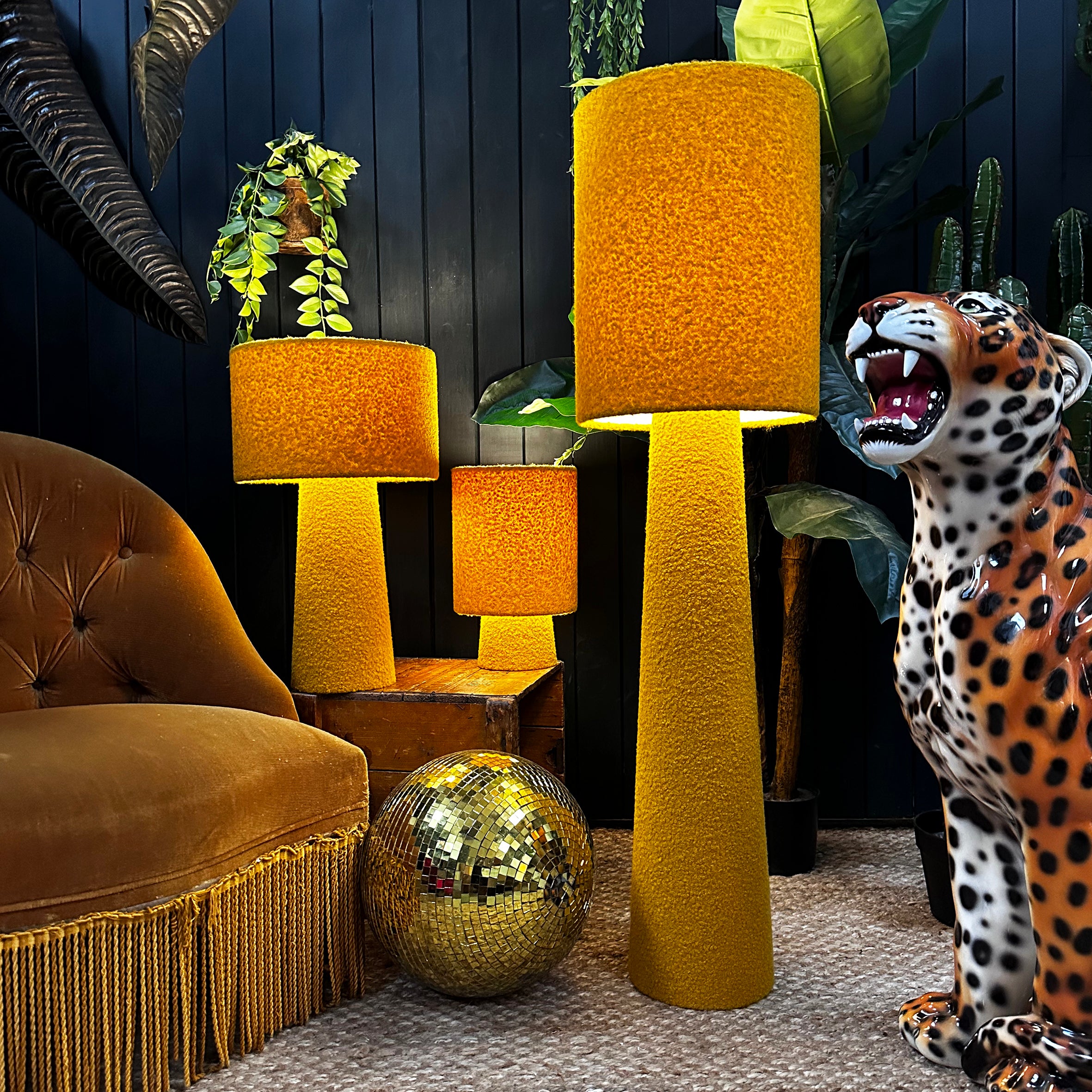 Love Frankie toffee boucle Portable lamps, 3 sizes available with flex cable or rechargeable bulbs. Light on.