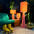 Handmade Checkerboard Velvet lamps in Tutti Frutti . Orange and Pink Checkerboard Lamps. Available in 3 sizes
