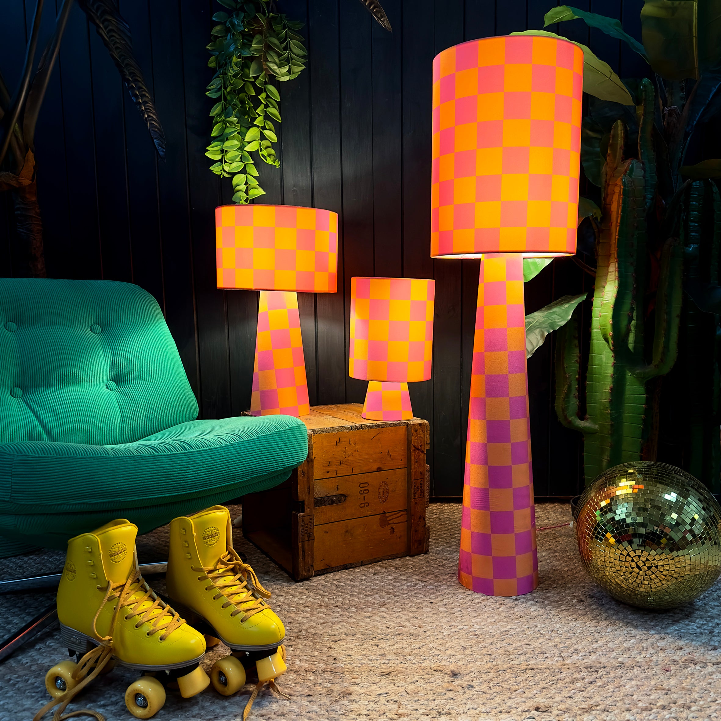 Handmade Checkerboard Velvet lamps in Tutti Frutti . Orange and Pink Checkerboard Lamps. Available in 3 sizes