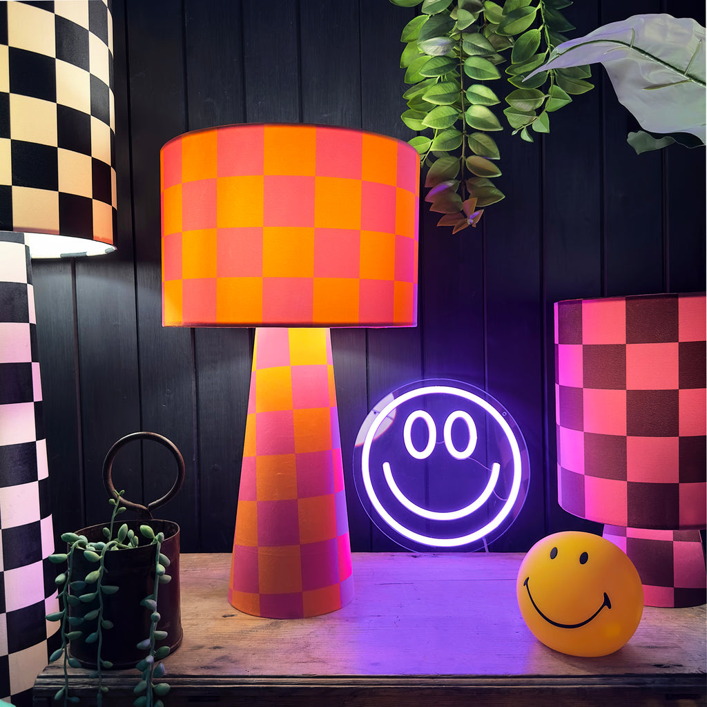 Handmade Checkerboard Velvet lamps in Tutti Frutti. Orange and Pink Checkerboard Lamps - The Midi