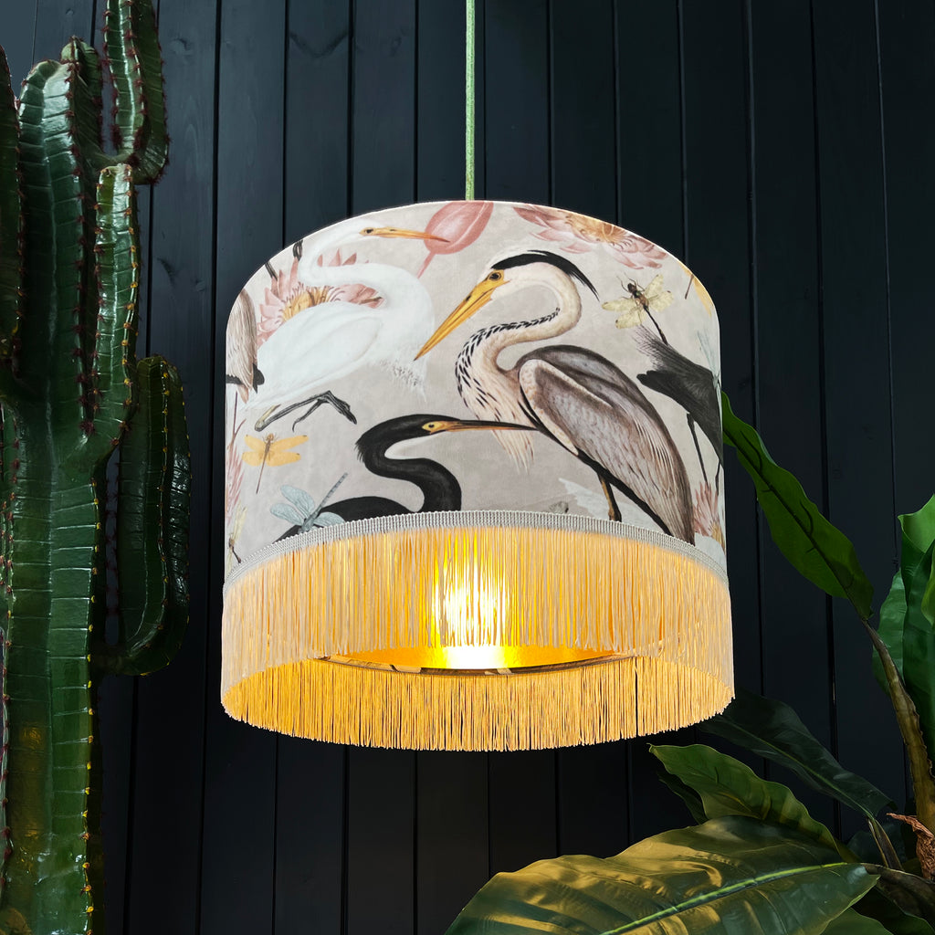 Bird Song Lampshade in Bone With Gold Lining and Fringing