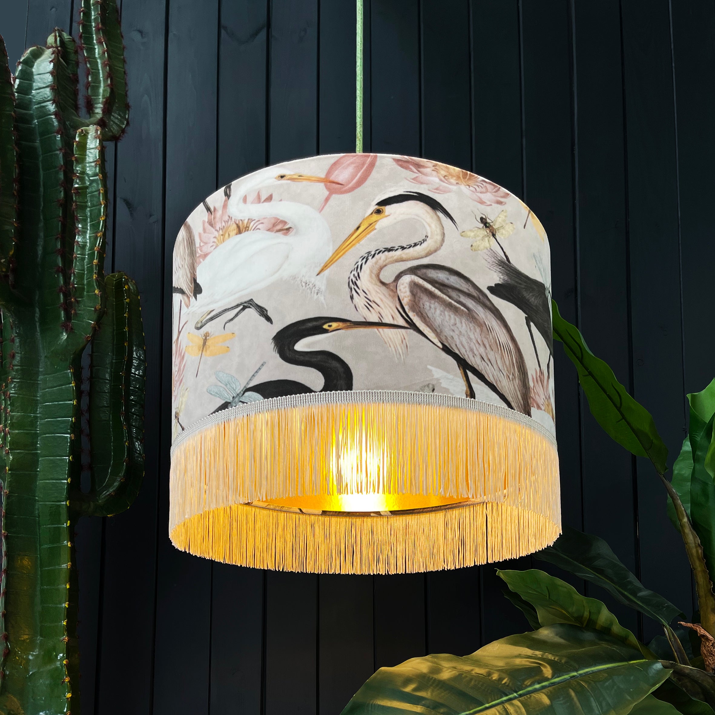 Bird Song Lampshade in Bone With Gold Lining and Fringing