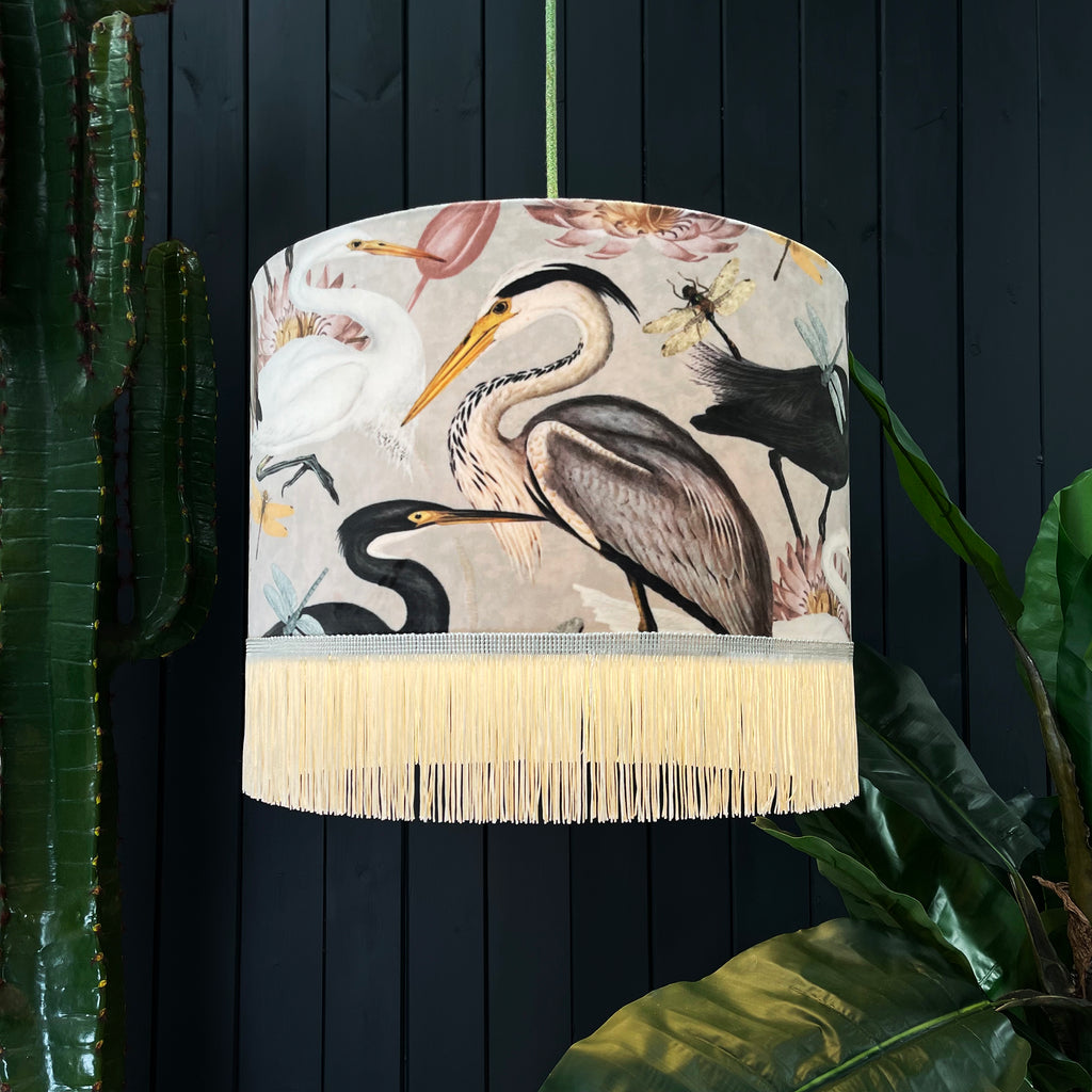 Love Frankie velvet lampshade bird song bone lining fringing