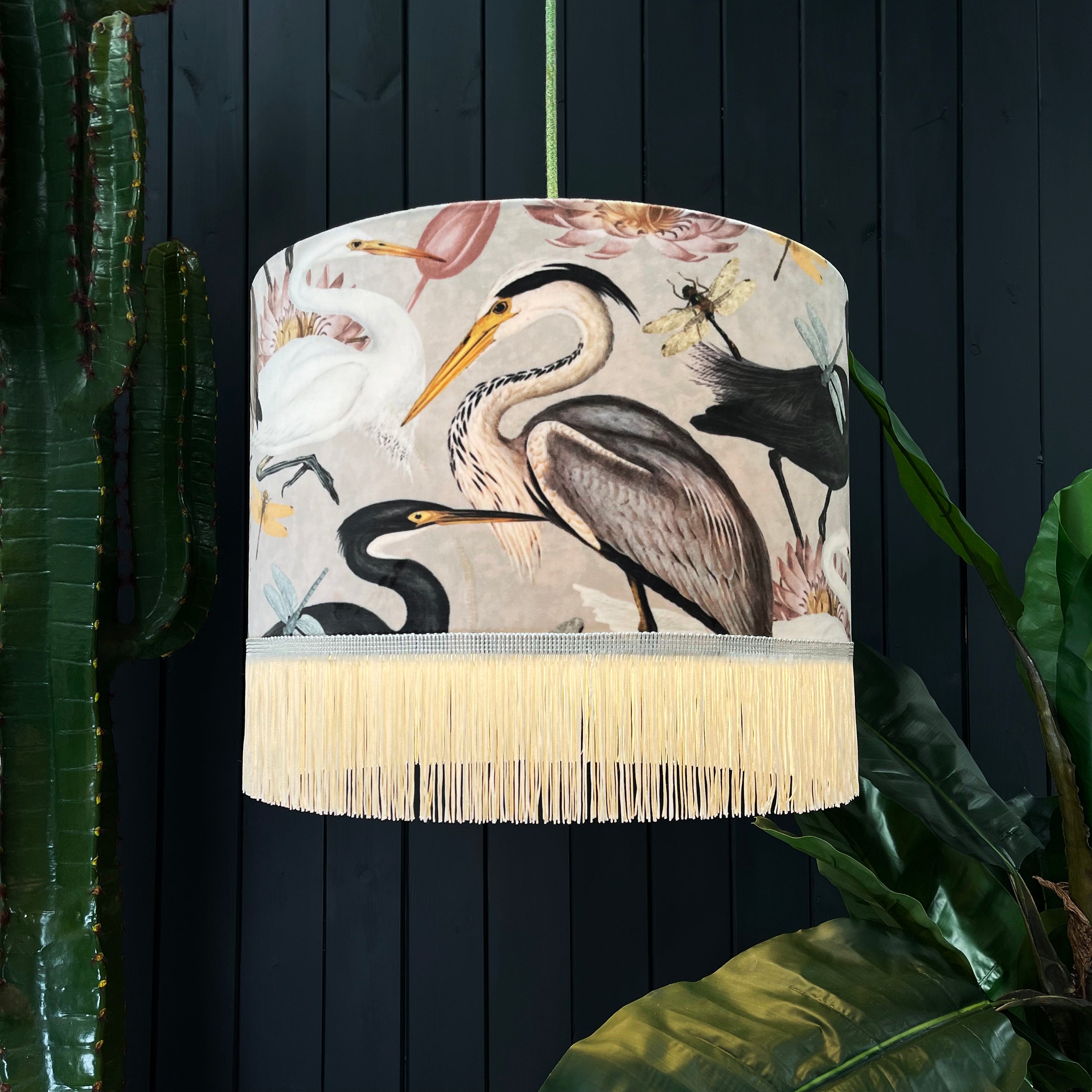 Love Frankie velvet lampshade bird song bone lining fringing
