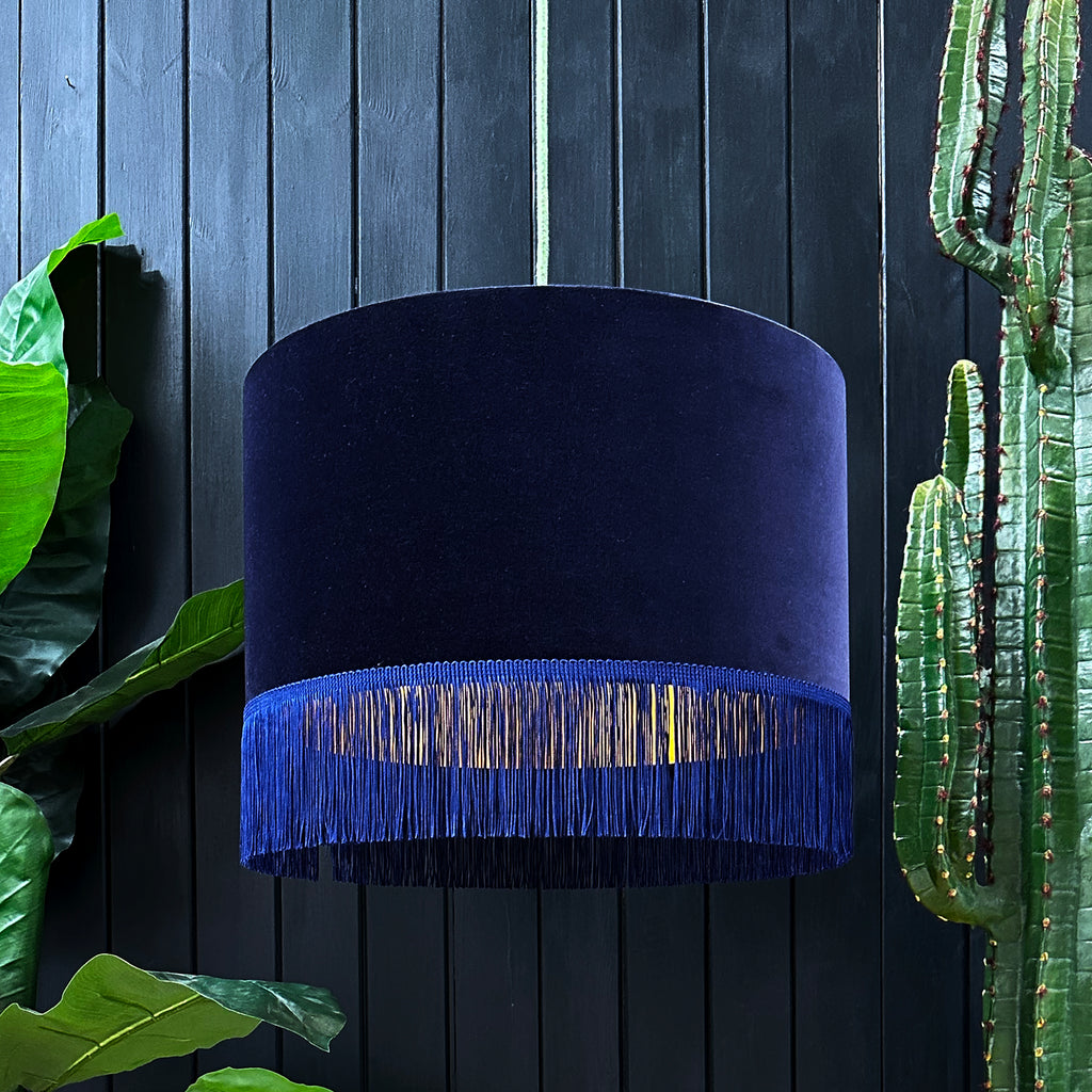 love frankie indigo velvet lampshade with gold lining and fringing