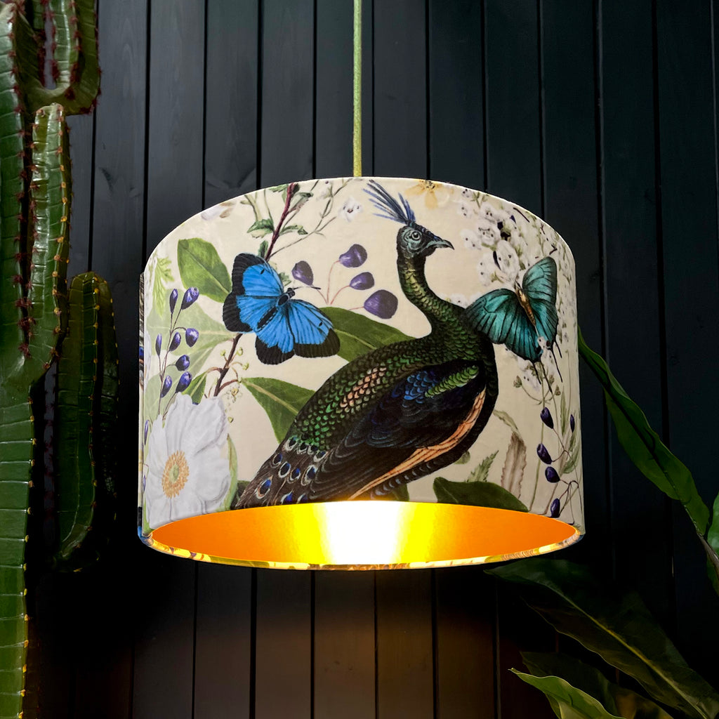 Parchment Mythical Plumes Velvet Lampshade With Gold Lining