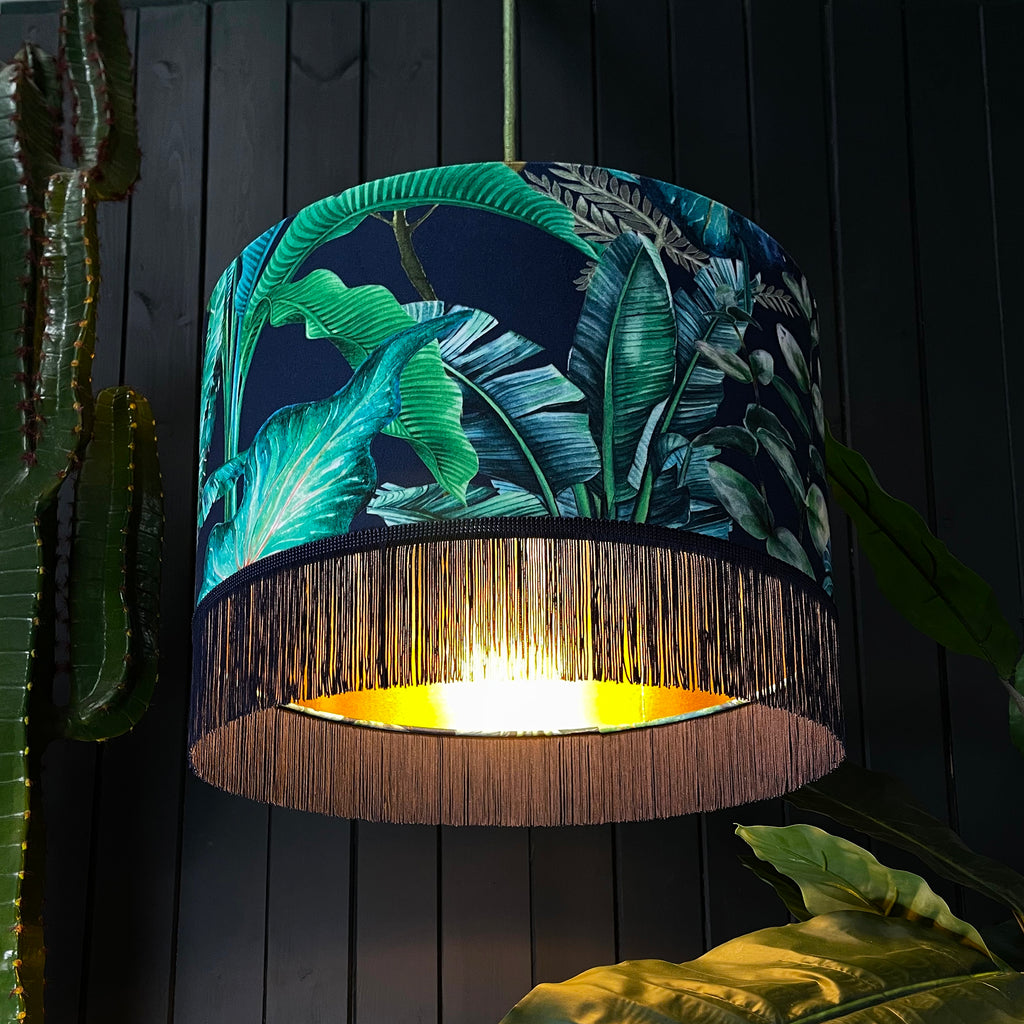 Love Frankie velvet lampshade rainforest gold lining fringing